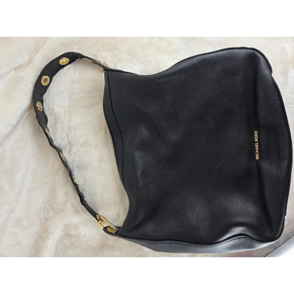 Michael Kors Black Leather‎ Hobo Shoulder Bag Gold Tone Grommets